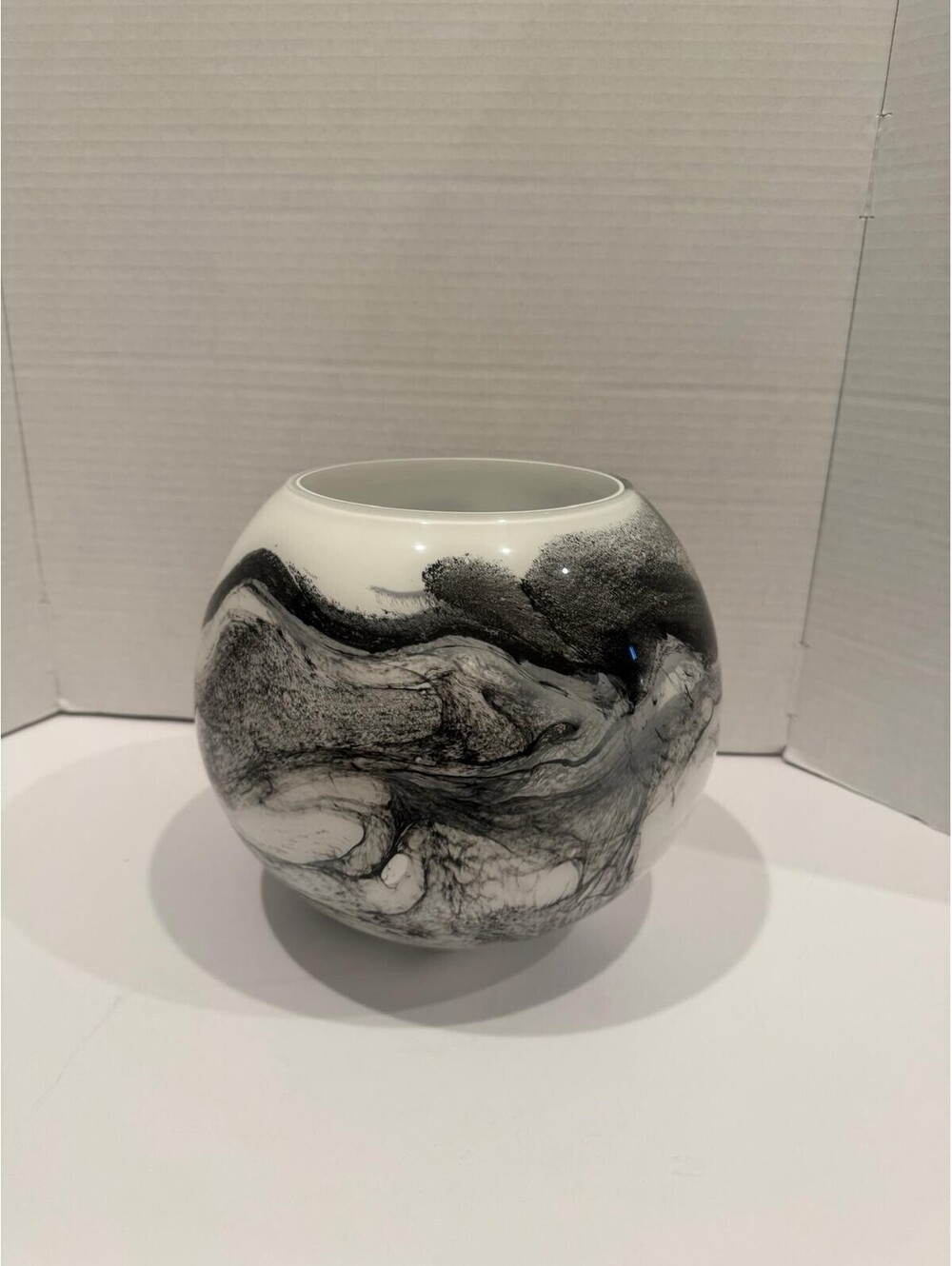 Spherical Art Glass Vase – Black & White Swirled Marbled Design
